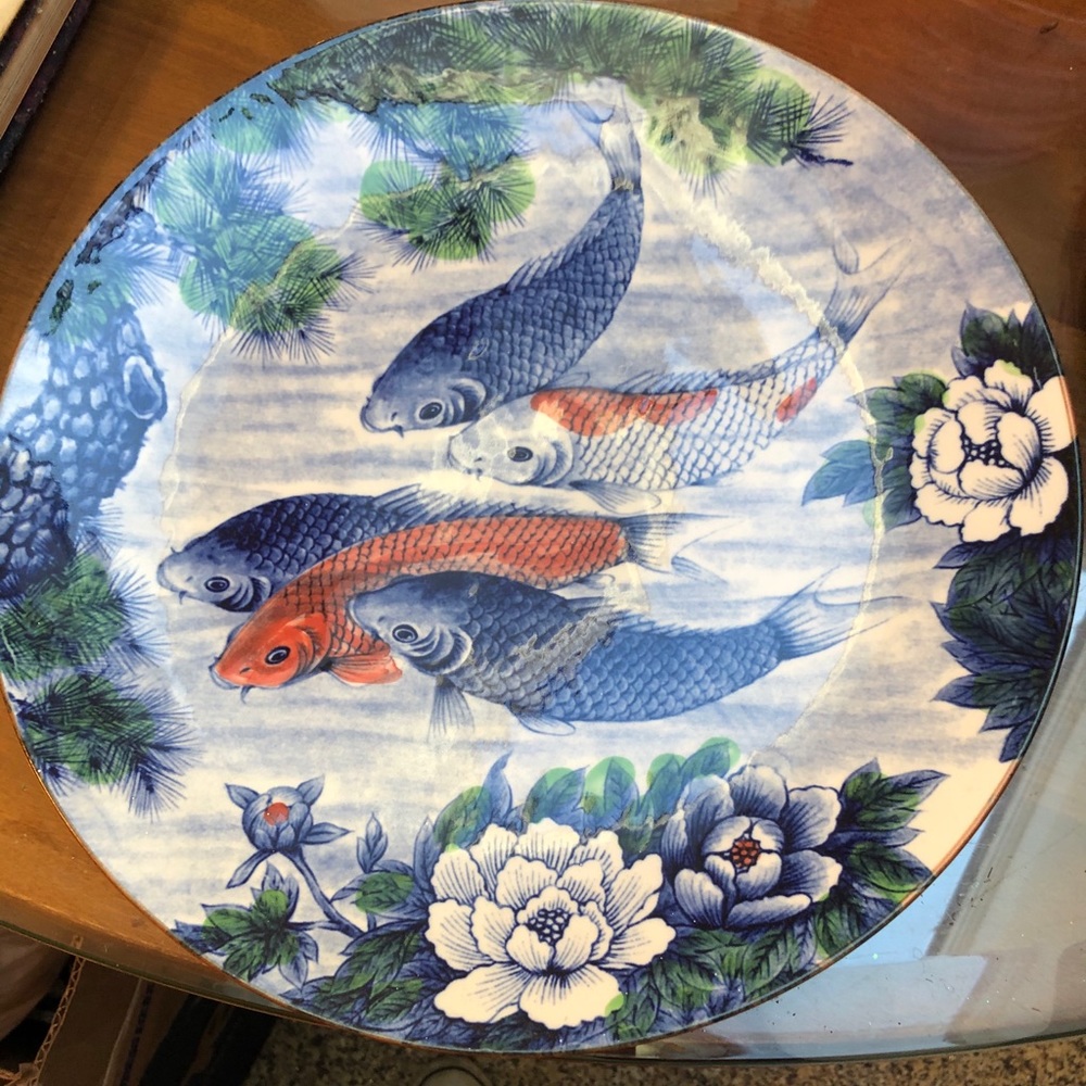 Koi and Lotus Hand-Painted Porcelain Plate/Platter